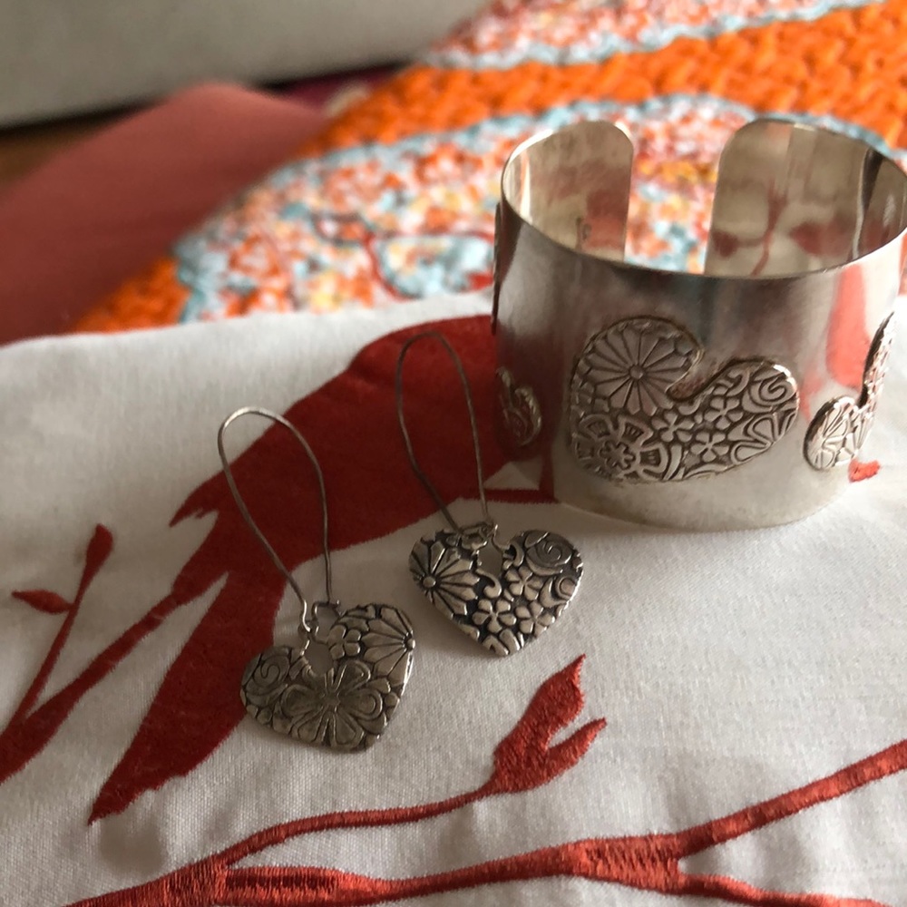 Sterling silver cuff bracelet, and earrings with hearts